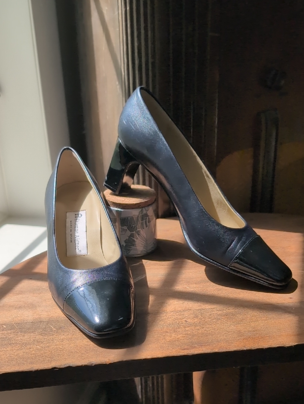 Vintage Etienne Aigner Navy Blue Leather Block Heel Pumps with Patent Cap Toe